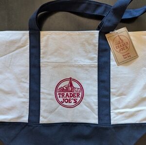 NWT Trader Joe's Blue Straps Large Canvas Tote Bag